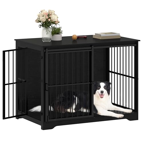 46.9" XXL Dog Crate Furniture Indoor Dog Kennel with Barn Door (46.9"L x 28.3"W x 34.6"H / Black)