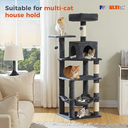 56.3in Multi Level Cat Tree for Indoor Cats (Smoky Grey / Air(19.7"L x 15.8"W x 56.3"H))