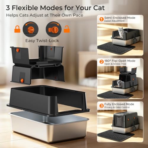 XL Stainless Steel Cat Litter Box with 180° Flip (Matte Black / X-Large)