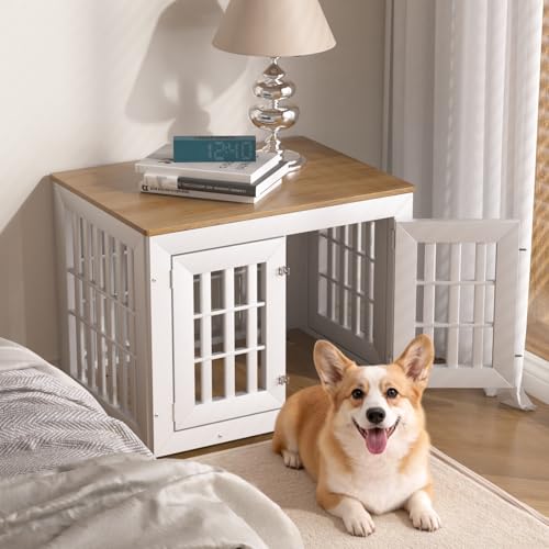 32" Heavy Duty Dog Crate Furniture for Small (32.7"L x 24.4"W x 25.8"H / White+Wood)
