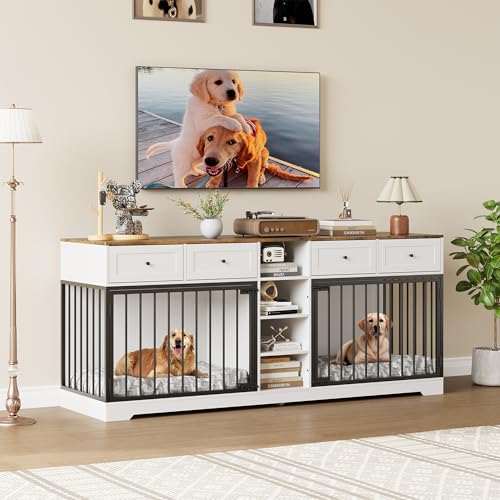 82" Double Dog Crate Furniture with Drawers and Shelves (White / 81.9"L x 23.6"W x 33.5"H)