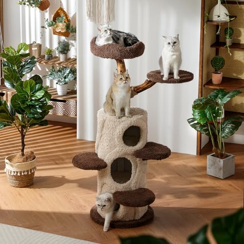 54.7'' Tall Modern Wood Cat Tree with 3 Level House (54.7'' Light Brown)