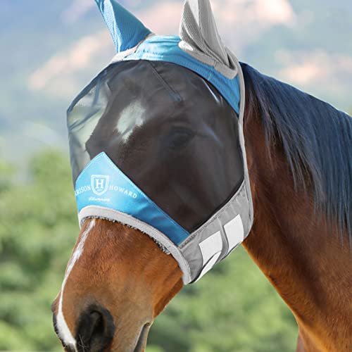 Pro Luminous Horse Fly Mask Standard with Ears UV Protection for Horse Azure Blue (Azure Blue/Silver / X-Large (Warmblood))