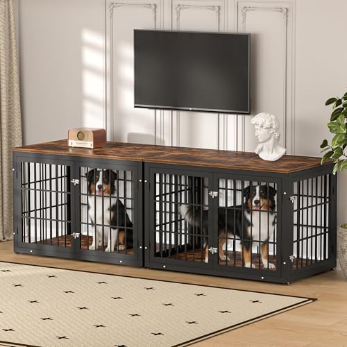 46" Heavy Duty Dog Crate Furniture for Large Dogs (Black + Rustic Brown / 46.0"L x 29.1"W x 31.1"H)