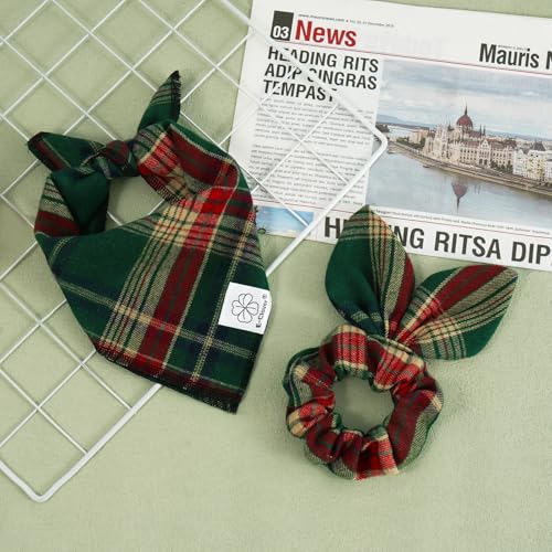 Christmas Dog Bandana & Matching Scrunchie Green Red Plaid Pet Dog Scarf Cute Dogs Costumes Accessories for Small Medium Large Dogs (green red plaid / Small-set of 1)