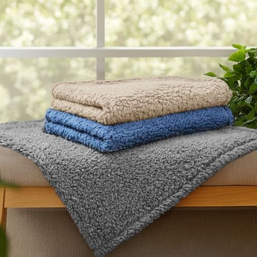 1 Pack 3 Calming Dog Blanket Fluffy Premium Fleece Pet Blankets Soft Sherpa Throw for Dogs Puppy Cat Grey (Large (Pack of 3) / Grey/Beige/Hazeblue)