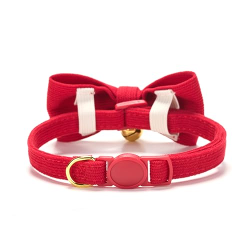 2 Pack Soft Corduroy Cat Collars with Bow Tie & Bell Adjustable Breakaway Kitten Bowtie Collar for Girl Boy Cats (S:Neck 7.0" - 11.0" / Corduroy-Red Green)