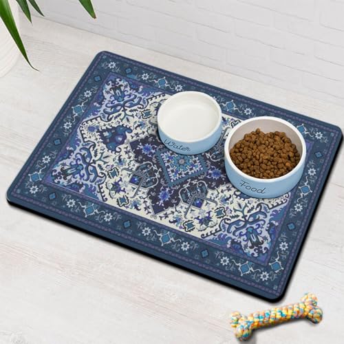 Pet Feeding Mat for Floors Waterproof Dog Mat for Food and Water Absorbent Quick Dry Non Slip mat for Cat Bowls (32"L x 24"W / BlueBoho)
