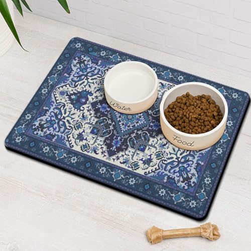 Pet Feeding Mat for Floors Waterproof Dog Mat for Food and Water Absorbent Quick Dry Non Slip mat for Cat Bowls (24"L x 16"W / BlueBoho)