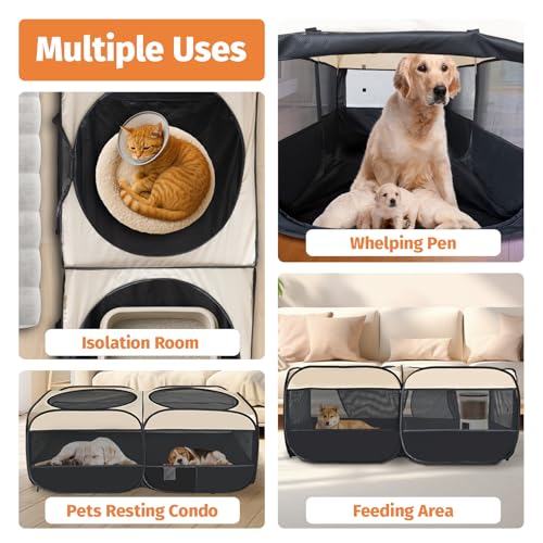 2-in-1 Dog Playpen 46.5''Pop Up Cat Pet Playpen, Assembly-Free Indoor Outdoor Kitten Enclosure, Kitten Pen Cat Cage Portable Puppy Tent Crates Kennel for Small Animals(No Divider, Unified Space) (Beige / S, 46.5"L x 24.1"W x 17"H)