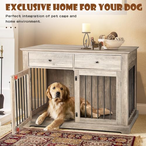 44 inch Wooden Dog Crate with 2 Storage Drawers (Grey / 44.5"L x 23.6"W x 34.5"H)