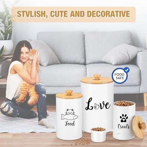 Metal Airtight Cat Treat Container Set of 3 with Bamboo Lids and Spoon Cat Food Storage Container with DIY Labels Pen Pet Cookie Snack Food Storage Organizer Jars for Kitchen Counter (White)
