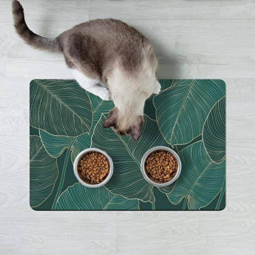 Dog Food Mat 12" x 19" Flower Absorbent Dog Cat Bowl Mat for Food and Water (Tropical Palm Leaves / 12"L x 19"W)