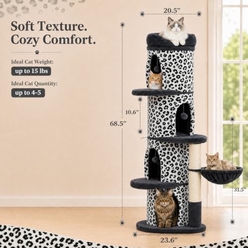 68.5" White Leopard Print Cat Tree Tower with 4 Condos (White Leopard Print / 69" Forest Cat Tree)