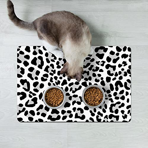 Dog Food Mat 12" x 19" Leopard Absorbent Dog Cat Bowl Mat for Food and Water (White Leopard / 19"L x 19"W)