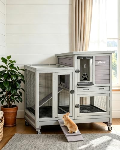 Rabbit Hutch Indoor Bunny Cage with Run Outdoor Rabbit House with Two Deeper No Leak Trays (Grey / 40.6"L x 26.0"W x 37.6"H)