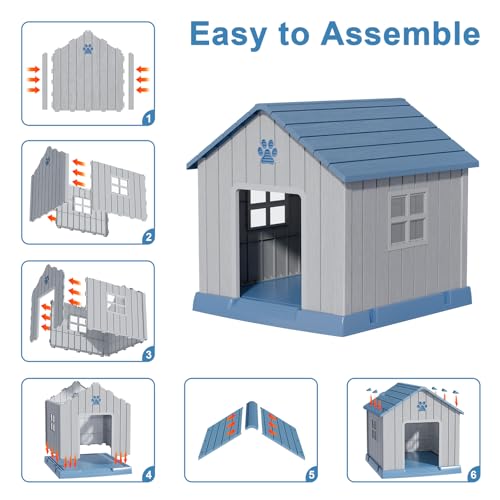 Dog House Indoor Outdoor for Small to Large Sized Dogs 38'' Resin Outdoor Dog House with Ventilation Waterproof Puppy Shelter with Elevated Floor (Blue / 37.8'' * 40.87'' * 38.82'')