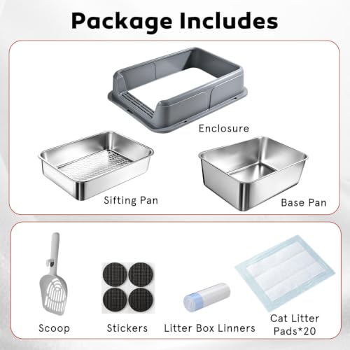 Stainless Steel Sifting Litter Box for Pine Pellets (Grey / Medium(17.4"x13.2"x10"))