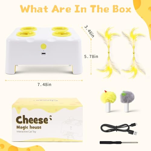 Interactive Cat Feather Toy Cheese Box 3in1 Whack a Mole (White)