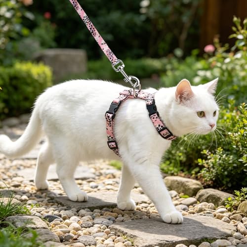 Adjustable Cat Harness and Leash Set Escape Proof Kitten Strap Collar for Walking Travel (Small / Pink(Leopard Print))