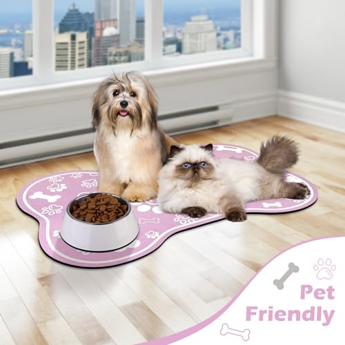 Dog Cat Mat for Food and Water (18"L x 12"W / Bone Shaped Pink)