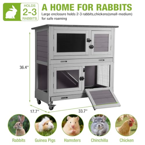 2 Story Rabbit Hutch on Wheels Indoor Outdoor Bunny Cage with Run (Gray-Small)