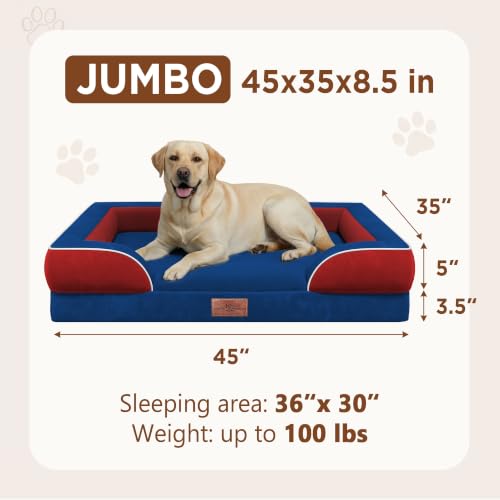 Orthopedic Dog Bed for Extra Large Dogs with Bolster (45.0"L x 35.0"W x 8.5"Th / Classic Tri-Color)