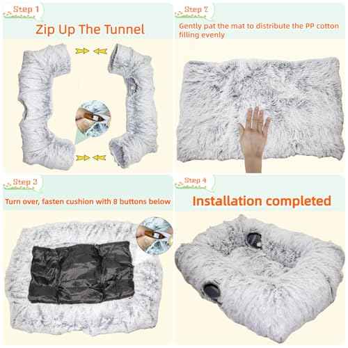 4 Cave Shuttled XL Cat Tunnel Bed for Indoor Cats Peekaboo Toy Donut with Warm Mat (White)