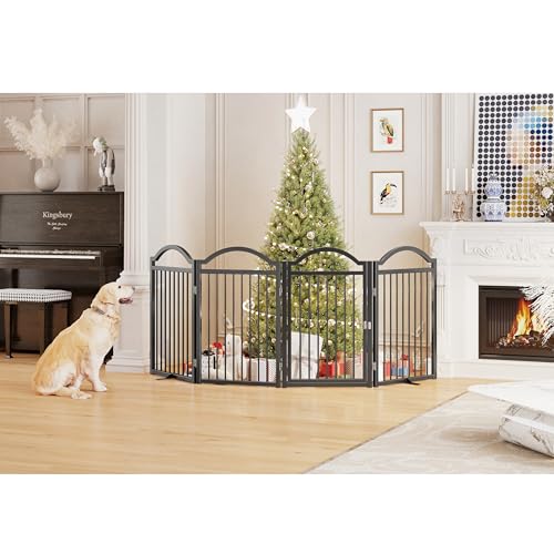 Metal No Assembly Freestanding Dog Gate with Door Walk Through (Black C / 4 panels 96"W*32"H HYG)