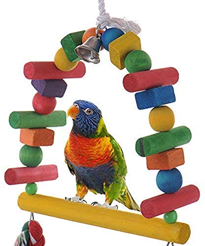 Bird Swing Toys Natural Wood Knots Block Rainbow Bridge Wooden Hanging Bells Toys for Parrot Budgie Lovebirds Conures Parakeet cockatoo Cockatiel (Large)