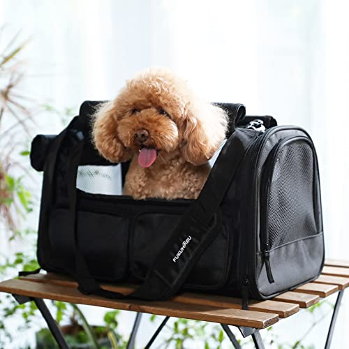 Cat Carrier Airline Approved Dog Carrier with Rollable Cover (Black)