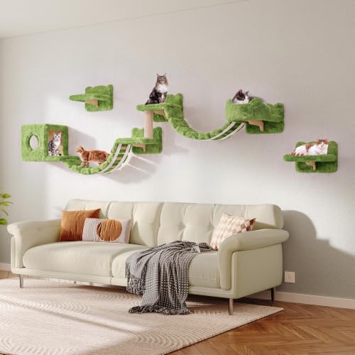 9-in-1 Cat Wall Shelves, Cat Wall Furniture Set with Bridge, Green (Green / 9-in-1)