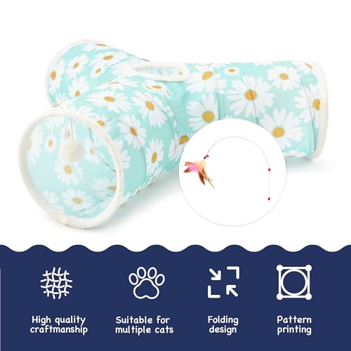 Cat Tunnel, 3-Way Collapsible Toy for Indoor Cats, Daisy Blue (Daisy Blue Printed / Small)