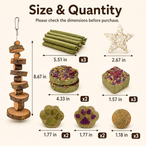 Rabbit Toys Guinea Pig Toys 17Pcs Natural Timothy Hay Bunny Chews and Treats for Hamster Chinchilla Gerbil (17 Pcs)