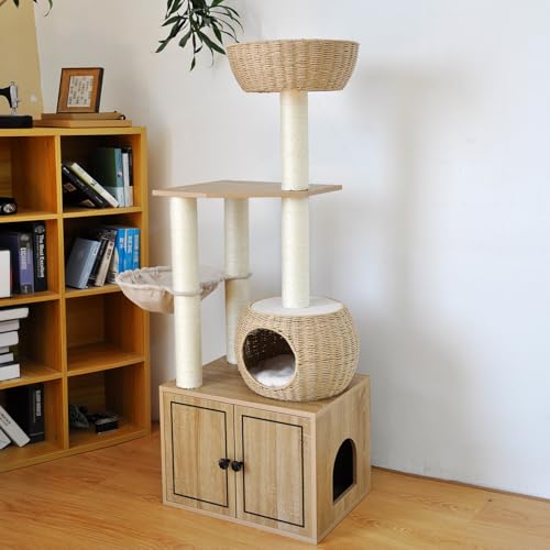 56.7" Tall Rattan Cat Tree for Indoor Cats (21.7"L x 15.6"W x 56.7"H)