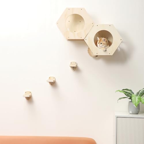 3-in-1 Cat Climbing Wall Steps with Hemp Rope, Shelves and Perches, Scratching Pads for Cats Playing and Climbing (Wood) (Wood)