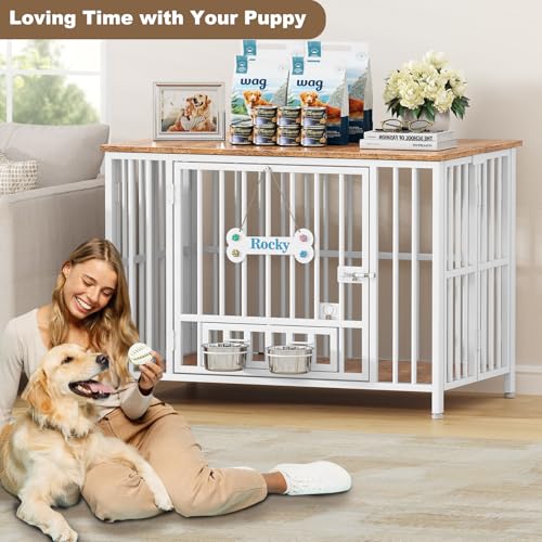 41" Dog Crate Furniture Foldable (White & Beech / 41.3"L x 25.6"W x 28.6"H)