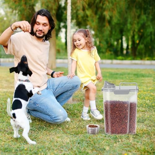 5 7Lbs Portable Cat Dog Food Storage Container with Upgraded Large Spout and Cup Dispenser for Small Large Animal Kibble (Purple+Gray+Green / 5L-3pack)