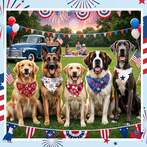 100 Pcs Patriotic Dog Bandanas Bulk 4th of July Bandanas for Dogs Star Triangle Kerchief Bib Scarf Set for Pet Independence Day 250th Anniversary Party Costume (4th of July / 25.6 x 17.7 x 17.7 Inch)