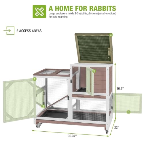 Rabbit Hutch Indoor Rabbit Cage with Wheels Outdoor Bunny House 2 Story Guinea Pig Cage with Leakproof Tarp Roof (Brown)