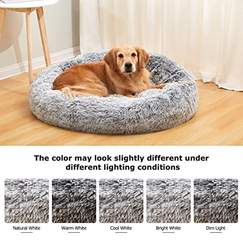Calming Fluffy Donut Dog Bed for Large Dogs (36.0"L x 36.0"W x 8.0"Th / Dark Grey)