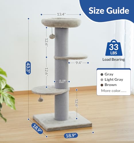 43" Short Plush Cat Scratching Post with Perch & Bed (Light Grey)