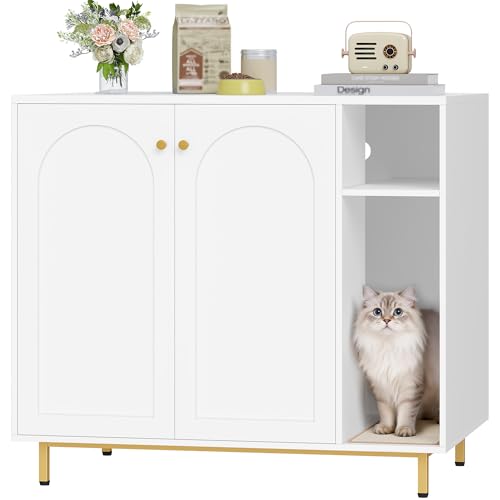 Large Cat Litter Box Enclosure (White and Gold / 41.3"L x 27.5"W x 36.6"H)