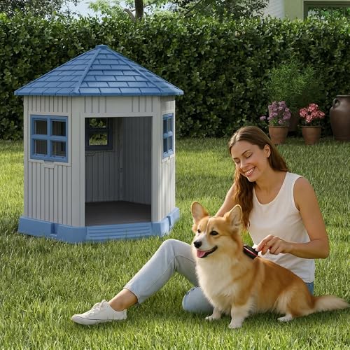 Dog House Indoor Outdoor Durable Large Dog Shelter with Outside Dog Kennel with Window and Elevated Floor for Small Medium Dogs (Blue / 34.8*30.51*36.89)