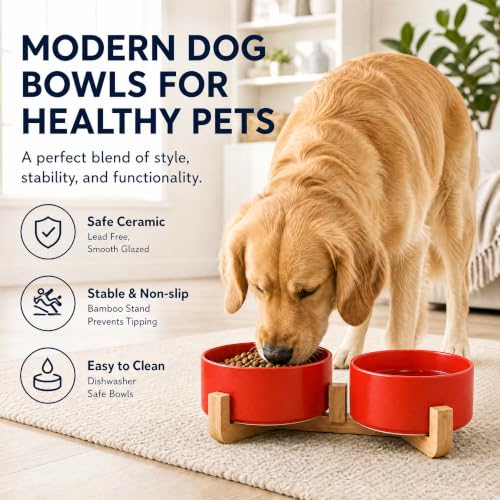 Ceramic Cat Dog Bowl Set with Stand (Rust Red / 850ML*2)