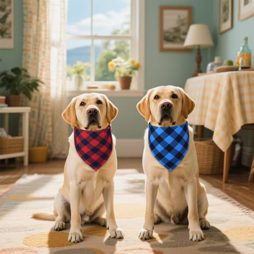 Buffalo Plaid Dog Bandanas for Medium Dogs (Red-black & Blue-black / Large)