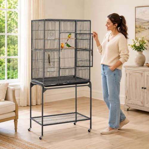 63 Inch Wrought Iron Rolling Large Bird Cage for African Grey Small Quaker Amazon Parrots Canary Bird Flight Cage