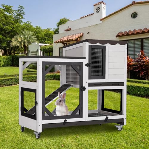 Rabbit Hutch Indoor Outdoor Bunny Hutch on Wheels (Black & White)