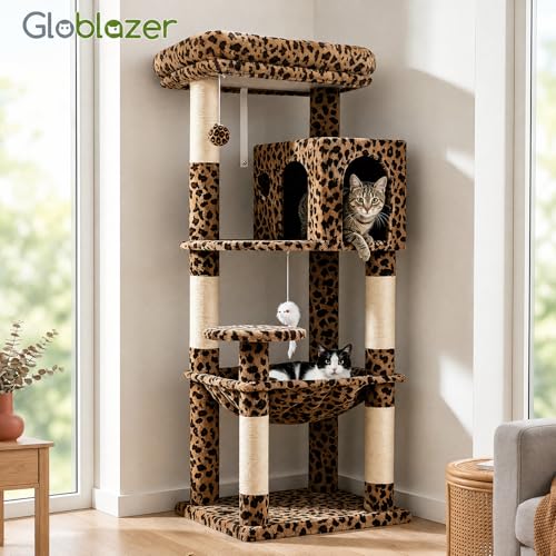 Leopard Cat Tree Tower with Scratching Post for Indoor Cats (Leopard Print / L)