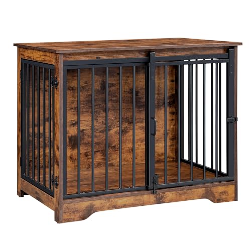 31.9" M Dog Crate Furniture Indoor Dog Kennel with Barn Door (Rustic Brown / 31.9"L x 21.7"W x 26.6"H)